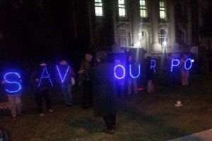 Look at these Berkeley residents, for example, creating some night-time folly and activism outside the City Council meeting last week,   "Save our P.O" (Post Office is threatening to close)